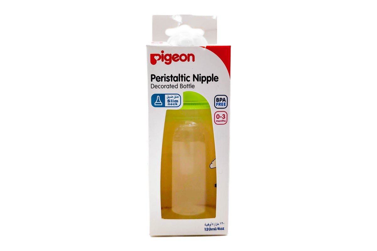 Pigeon Peristaltic Nipple Slim Neck Yellow 120ml Slow Flow Decorated Nursing Bottle (0-3 Months) - BPA free