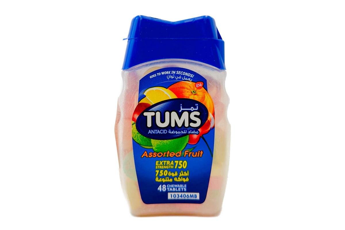 Tums Extra Strength 750mg Chewable Tablets Assorted Fruits, 48 Pieces